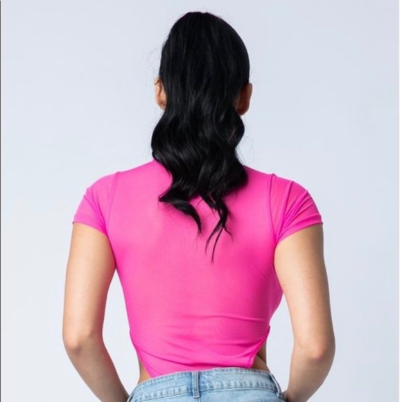 High Cut Short Sleeve Neon Pink Mesh Bodysuit - Picture 2 of 6